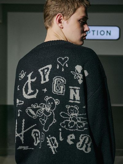 CPGN Doodle Pattern Round Cotton Blend Knitwear [Black]