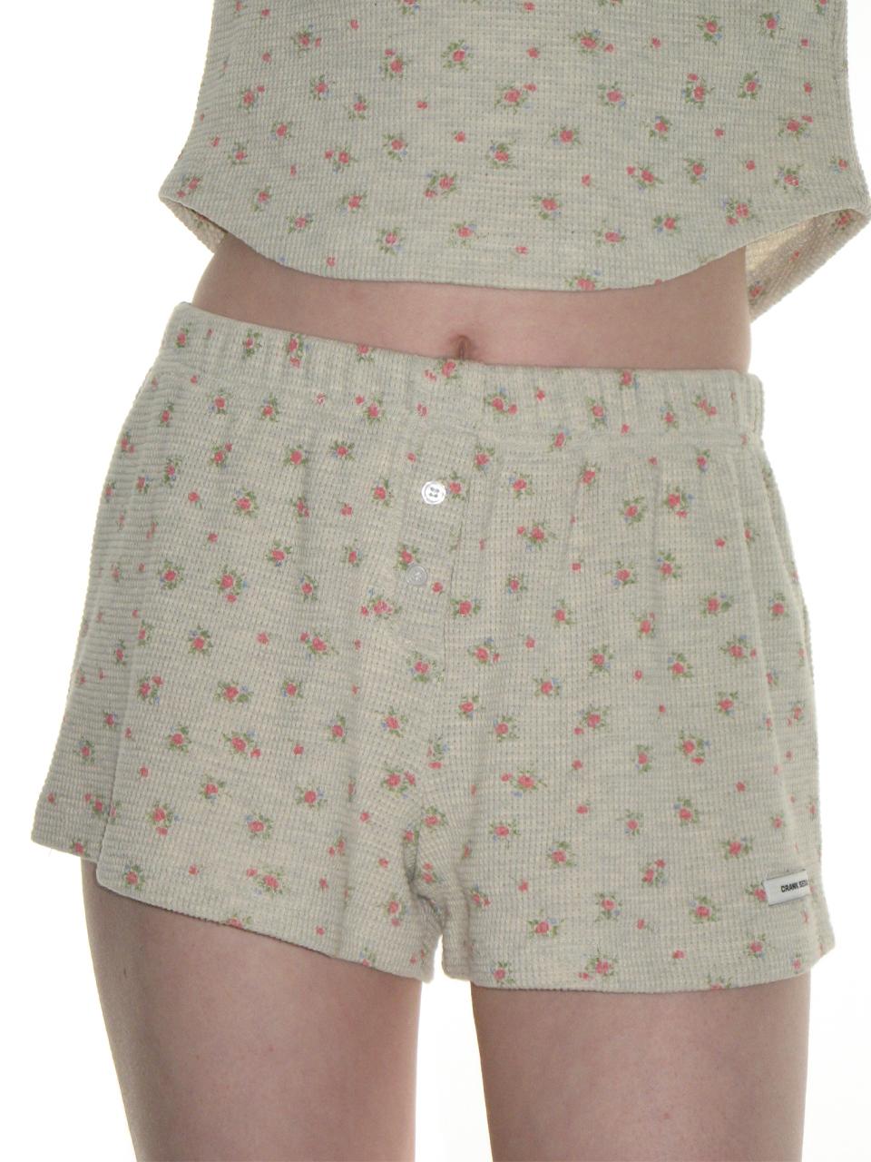 CRANK Button Flower Cotton Elastic Shorts [Light Brown]