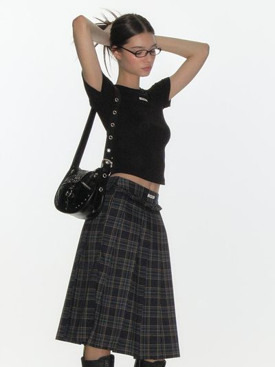 CRANK Check Frill Pleats Midi Skirt_Navy