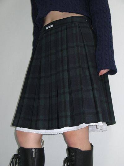 CRANK CHECK LAYERED WOOL PLEATS SKIRT_NAVY