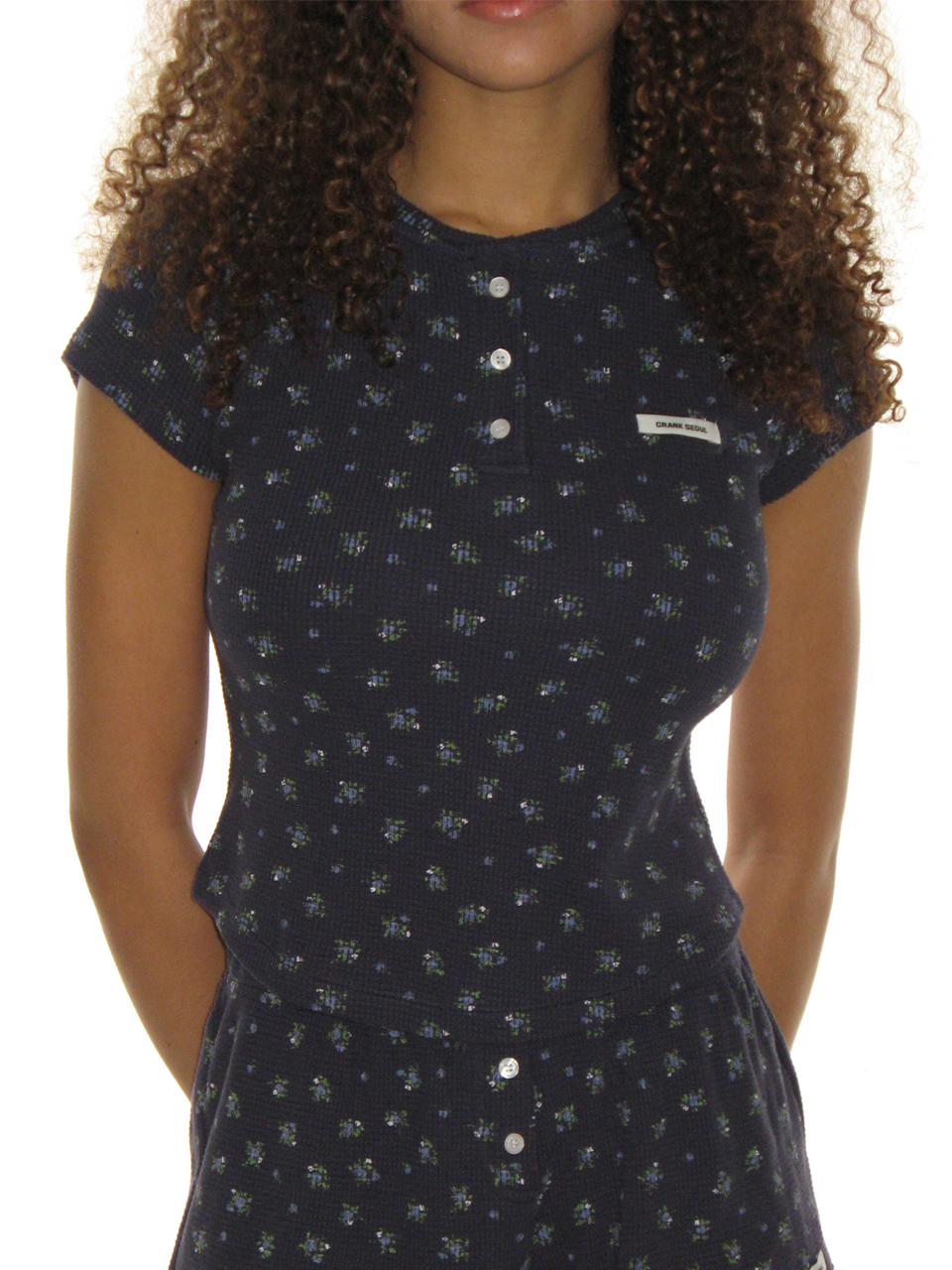 CRANK Flower Henley Neck Cotton T-Shirt [Navy]