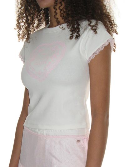 CRANK Lace Heart Print Cotton Blend T-Shirt [Beige]