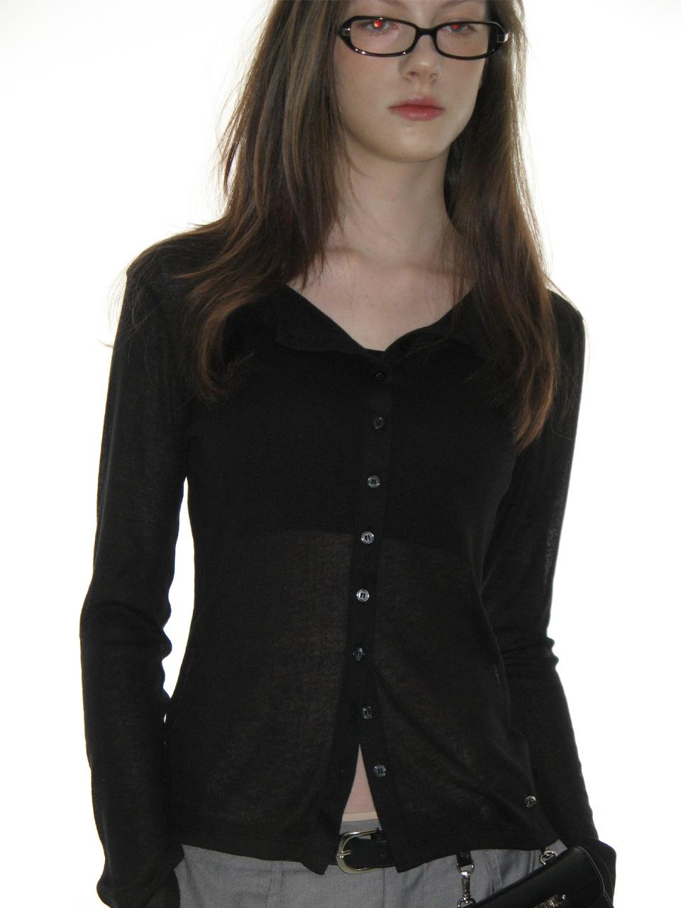 CRANK Sheer Collared Button T-Shirt [Black]