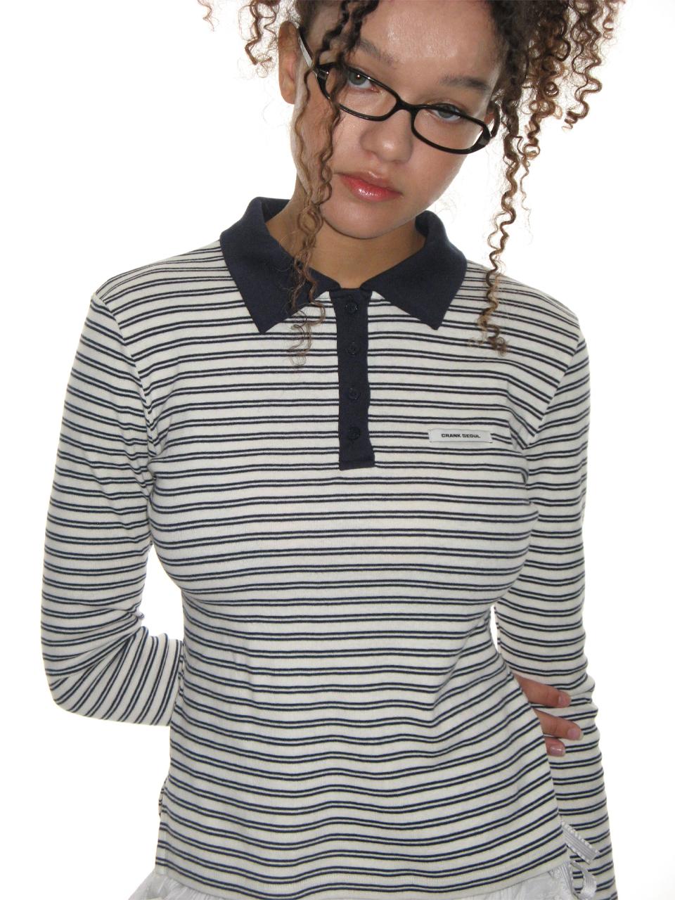 CRANK Striped Collared Cotton T-shirt [Navy]