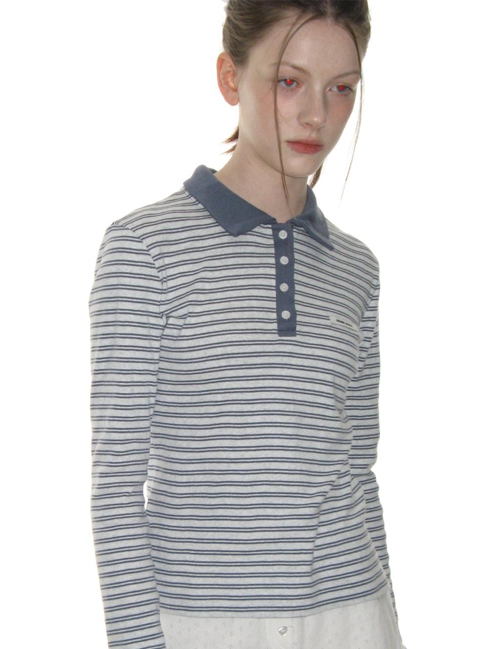CRANK Striped Collared Cotton T-Shirt [Vintage Blue]