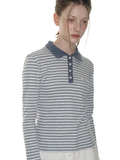 CRANK Striped Collared Cotton T-Shirt [Vintage Blue]