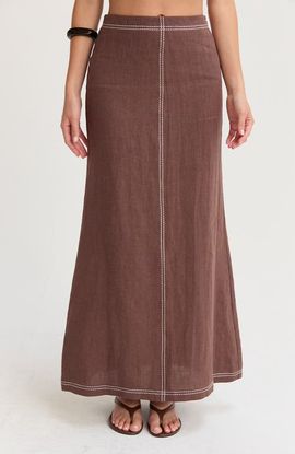 CRESCENT CRESCENT Embroidered Contrast Stitch Linen Maxi Skirt