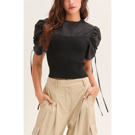 CRESCENT CRESCENT Mixed Media Shirred Sleeve Top