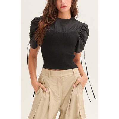 CRESCENT CRESCENT Mixed Media Shirred Sleeve Top