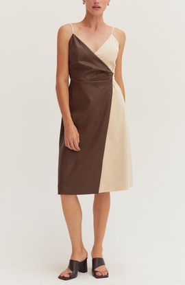 CRESCENT CRESCENT Mixed Media Wrap Midi Dress