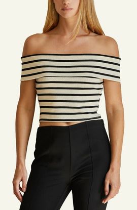 CRESCENT CRESCENT Stripe Off Shoulder Knit Top