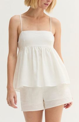 CRESCENT CRESCENT Tie Back Babydoll Linen Blend Top