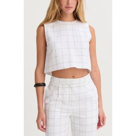 CRESCENT CRESCENT Windowpane Semi Cropped Linen Top
