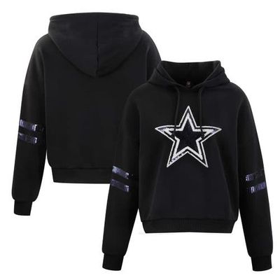 CUCE Women's Cuce Black Dallas Cowboys Cropped Sequins Pullover Hoodie 
