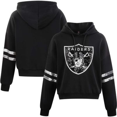 CUCE Women's Cuce Black Las Vegas Raiders Cropped Sequins Pullover Hoodie 