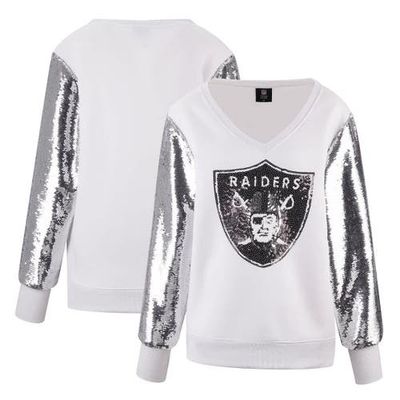 CUCE Women's Cuce White Las Vegas Raiders Sequin Sleeve V-Neck Pullover Sweatshirt 