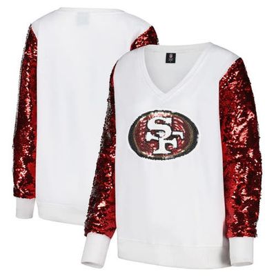 CUCE Women's Cuce White San Francisco 49ers Sequin Sleeve V-Neck Pullover Sweatshirt 