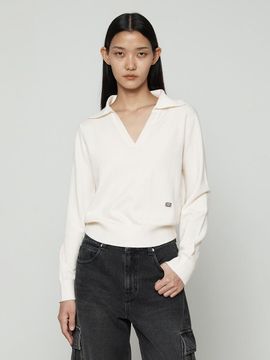 Current Collar V-neck Knit Long Sleeve Cashmere [Ivory]