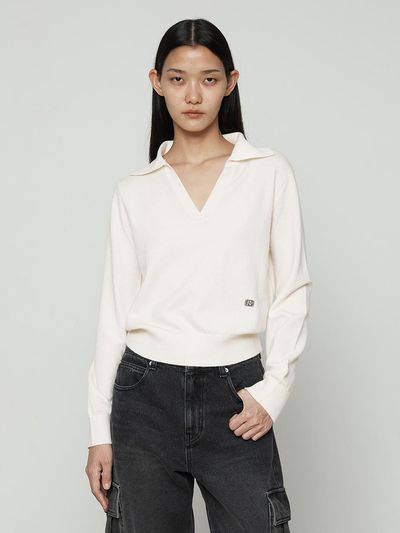 Current Collar V-neck Knit Long Sleeve Cashmere [Ivory]