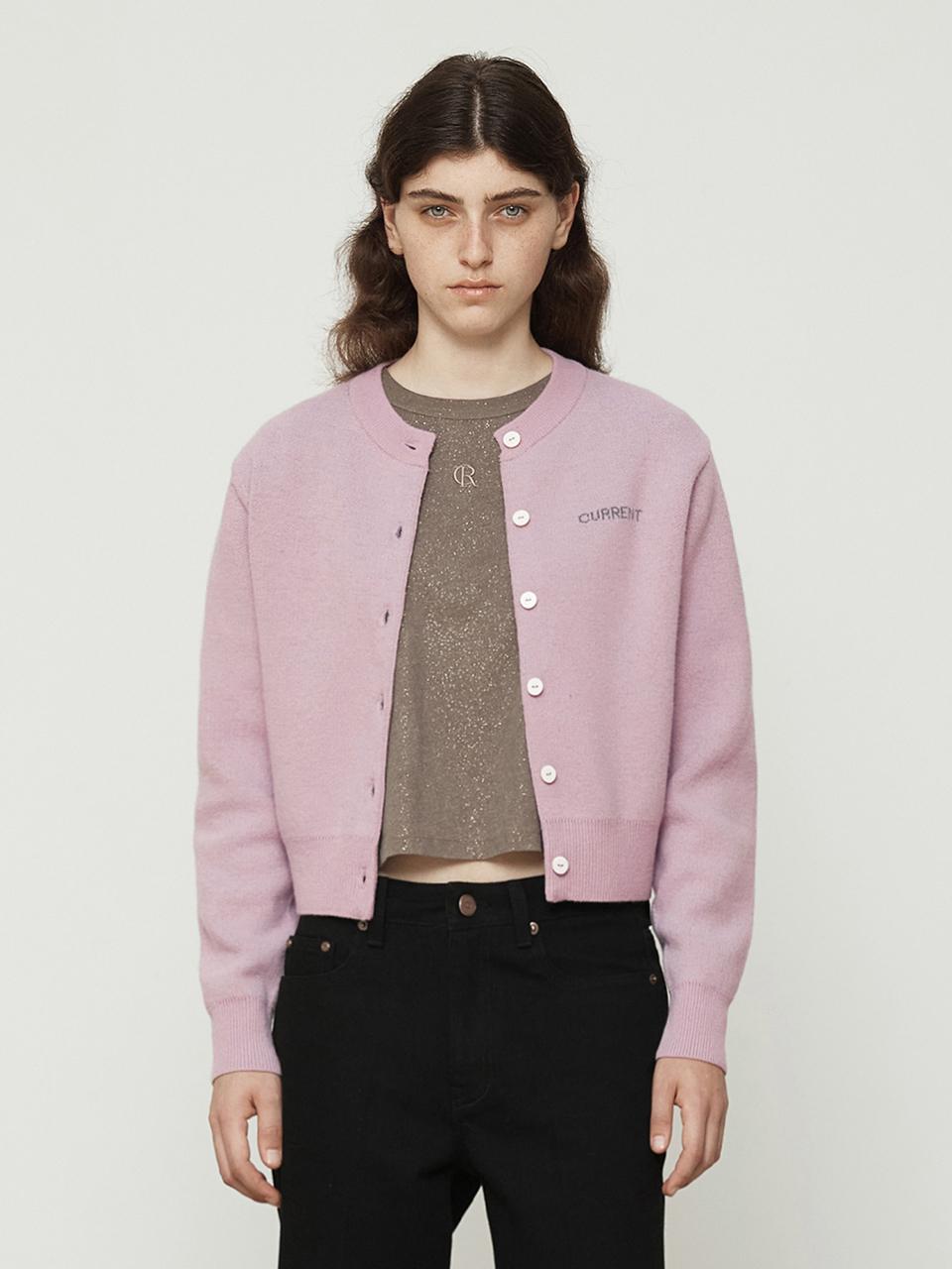 Current Logo jacquard round neck cardigan [Pink]