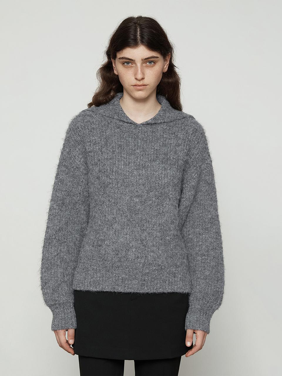 Current Sailor Collar Hairy Knit Top [Charcoal]