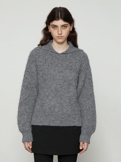 Current Sailor Collar Hairy Knit Top [Charcoal]