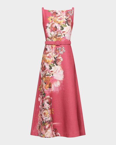 Cynthia Rowley Slyvie Floral Belted Satin Tea-Length Dress