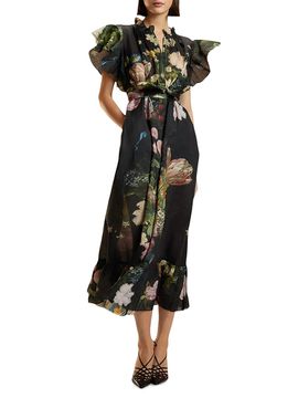 Cynthia Rowley Women's Floral Tie-Waist Ramie Caftan Midi-Dress
