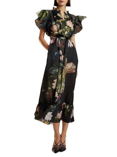 Cynthia Rowley Women's Floral Tie-Waist Ramie Caftan Midi-Dress