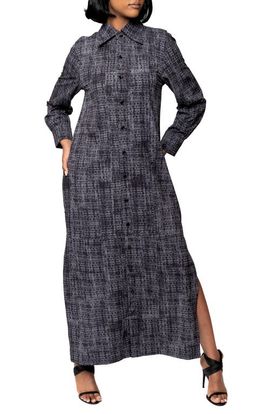 Dai Moda Dai Moda Bali Abstract Print Long Sleeve Double Slit Maxi Shirtdress