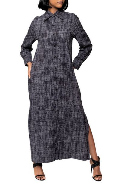 Dai Moda Dai Moda Bali Abstract Print Long Sleeve Double Slit Maxi Shirtdress
