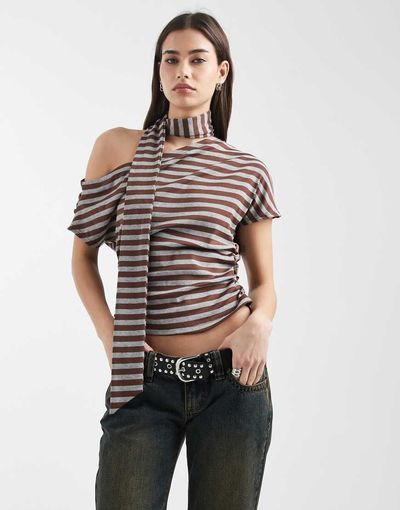Daisy Street Daisy Street asymmetric gathered top with matching scarf in burgundy and gray stripes-Multi