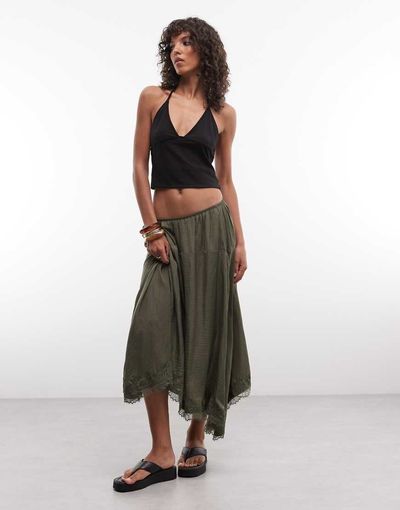 Daisy Street Daisy Street boho low rise slip skirt with lace detailing in khaki-Green