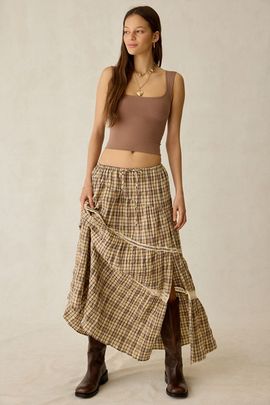 Daisy Street Daisy Street Clove Asymmetric Tiered Maxi Skirt in Tan, Women's at Urban Outfitters