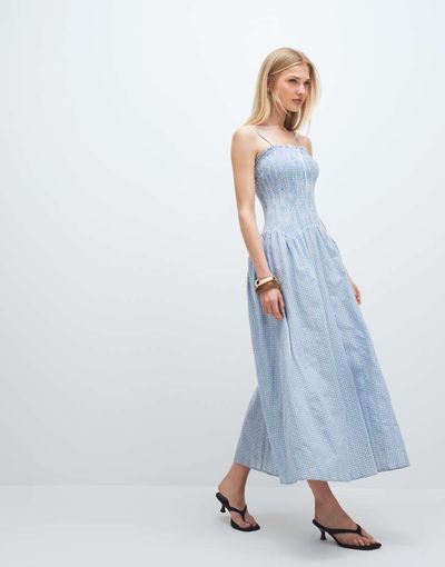 Daisy Street Daisy Street dropped waist shirred midaxi dress in blue floral gingham-Multi