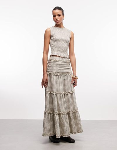 Daisy Street Daisy Street dropped waist tiered maxi skirt in cream and blue plaid - part of a set-Multi