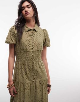Daisy Street Daisy Street eyelet button down midaxi dress in olive green