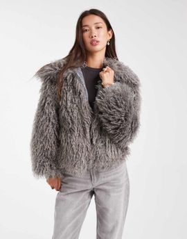 Daisy Street Daisy Street faux fur cocoon coat with ribbed cuff detailing in charcoal gray