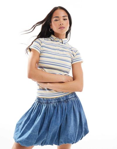 Daisy Street Daisy Street fitted polo top in yellow blue stripe-Multi