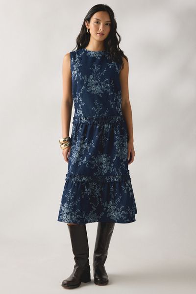 Daisy Street Daisy Street Flora Tiered Ruffle Denim Midi Dress in Blue, Women's at Urban Outfitters