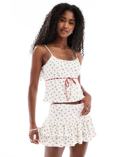 Daisy Street Daisy Street floral pointelle cami top with thread through lace detail in red cream delicate floral - part of a set-Multi