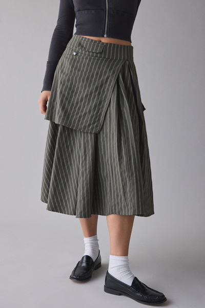 Daisy Street - Heidi Asymmetric Tiered Midi Skirt in Khaki