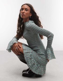 Daisy Street Daisy Street long sleeve shirred mini dress with fluted sleeve in multi check