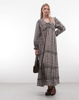 Daisy Street Daisy Street long sleeve smock maxi dress with big collar in gray-blue plaid