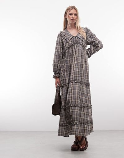 Daisy Street Daisy Street long sleeve smock maxi dress with big collar in gray-blue plaid