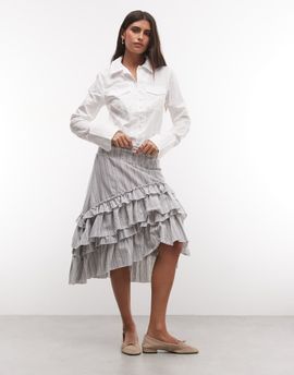 Daisy Street Daisy Street low rise midi skirt with ruffle detailing in blue stripe-MULTI