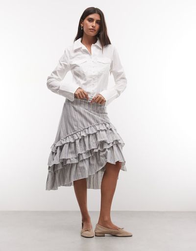 Daisy Street Daisy Street low rise midi skirt with ruffle detailing in blue stripe-MULTI