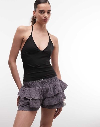 Daisy Street Daisy Street low rise shirred broderie mini rara shorts in gray wash