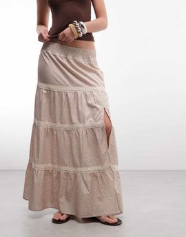 Daisy Street Daisy Street low rise tiered maxi skirt in beige micro floral-Neutral