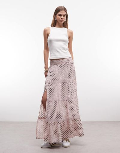 Daisy Street Daisy Street low rise tiered maxi skirt in pink polka dot-Multi